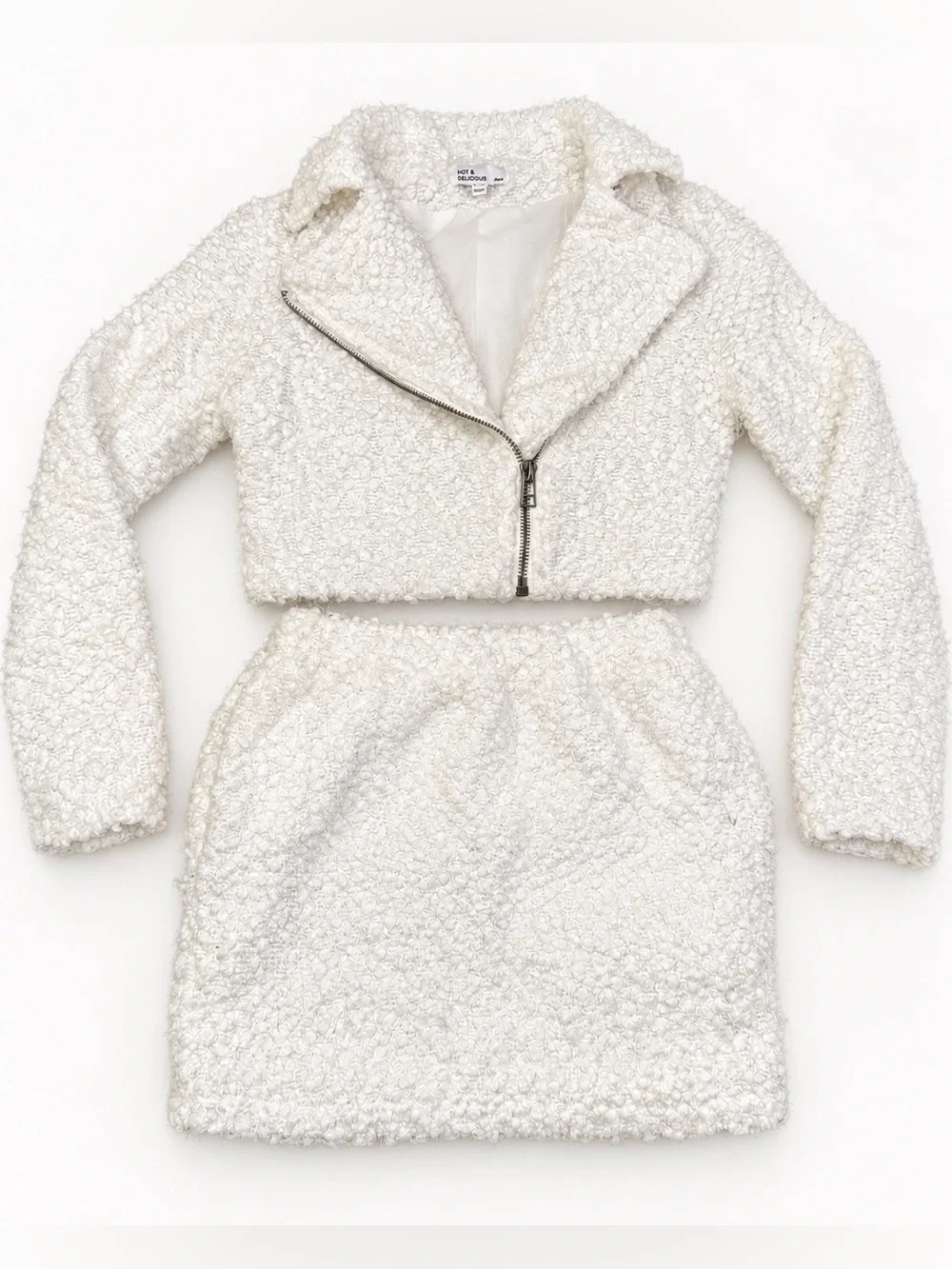 Hot & Delicious White Fluffy Sparkle Cropped Zip-Up Jacket & Mini Skirt Set S
